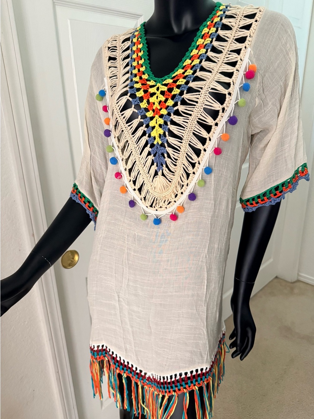 Boho Crochet V-Neck Pom Pom Tunic - Cream with Multicolor Trim